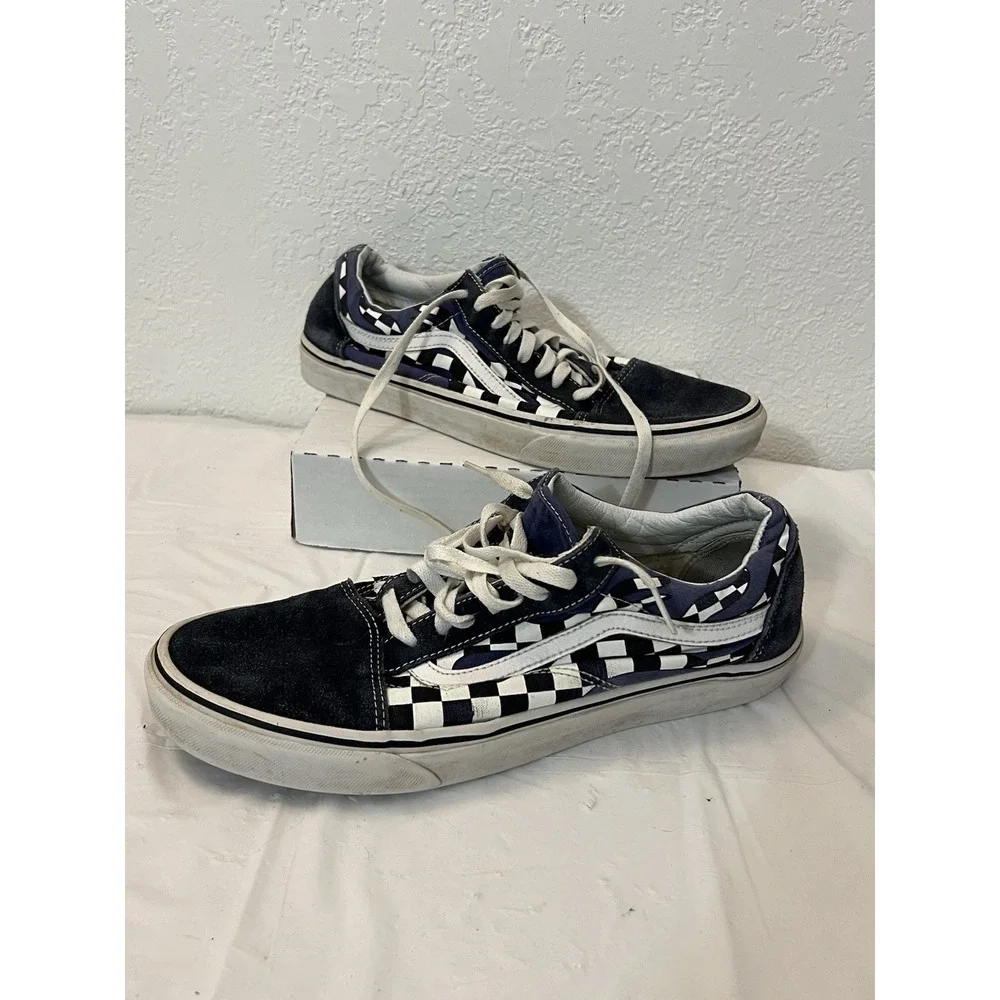 Vans Authentic‎ Lace Up White Blue Checkered Low Top Skate Shoes Mens 11.5 Suede